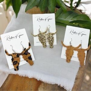 Southwestern Sparkle: Set of 3 Longhorn Dangle Earrings in Glitter & Cork Styles